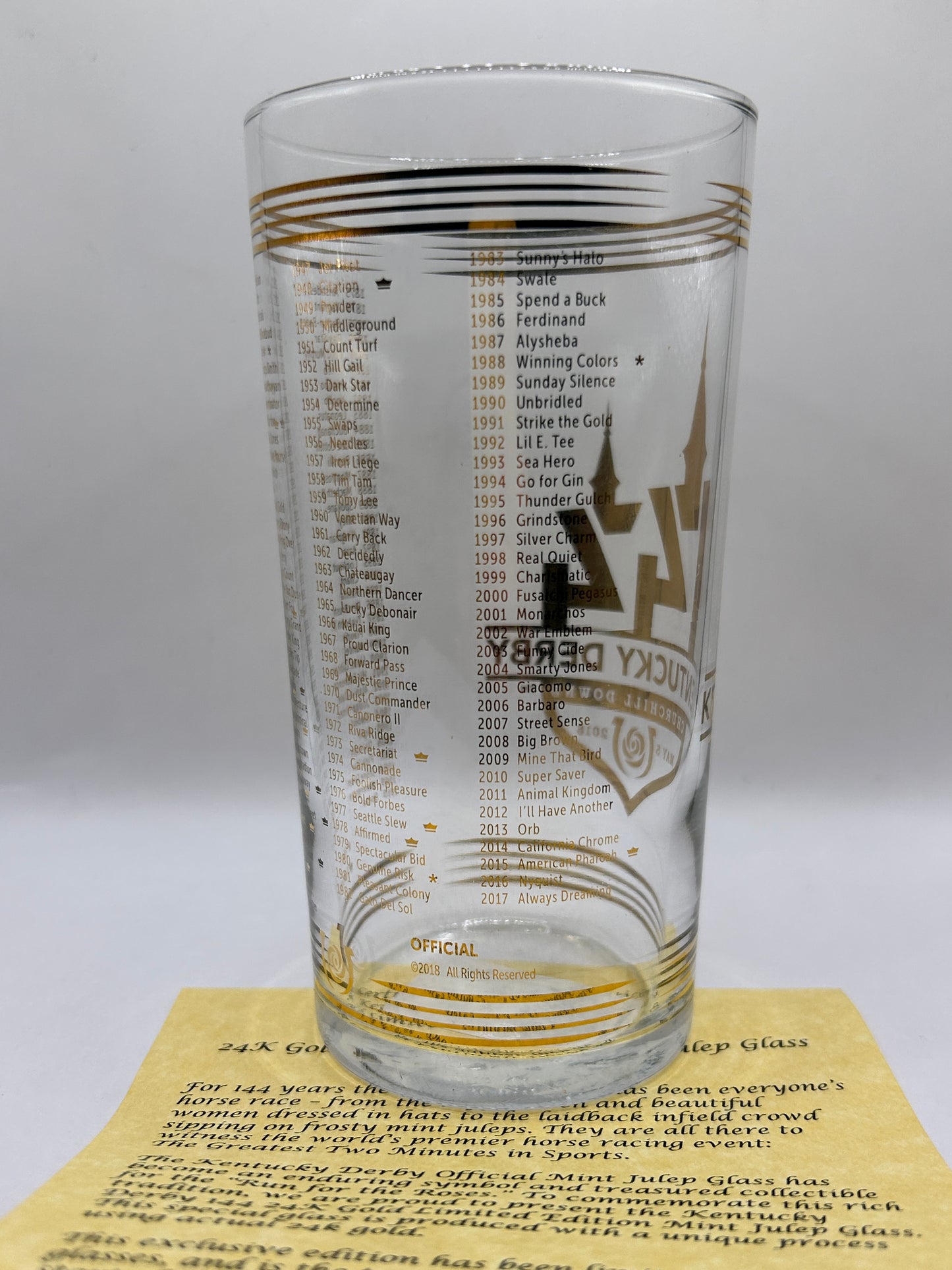 2018 Kentucky Derby Gold Glass